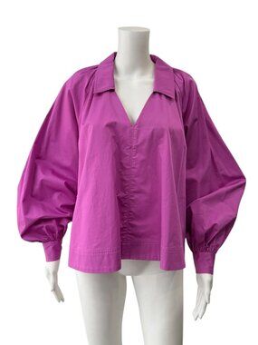 CO Magenta Collared V-Neck Blouse Puff Sleeve Blouse Top size Small